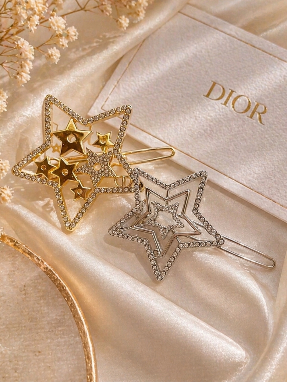 Dior Two-Tone Star Crystal Brooch Set — Silver & Gold